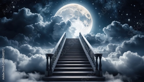 Moonlit ladder to heaven through a dark, cloudy night sky