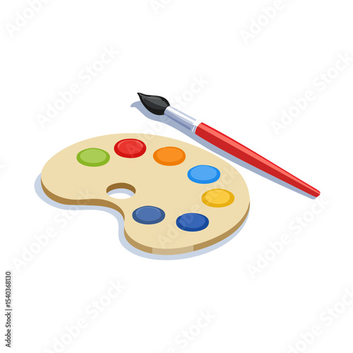 Painter's art palette with colorful paints and brush ready to create original artwork in creative design process