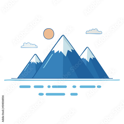 Minimalist Mountain Range Scene with Snow Capped Peaks Clouds and a Faint Sun Over Calm Waters