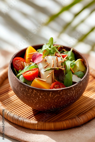 Fresh tropical salad with cherry tomatoes, mango, greens, and shredded coconut served in a coconut bowl on a bamboo mat in natural sunlight