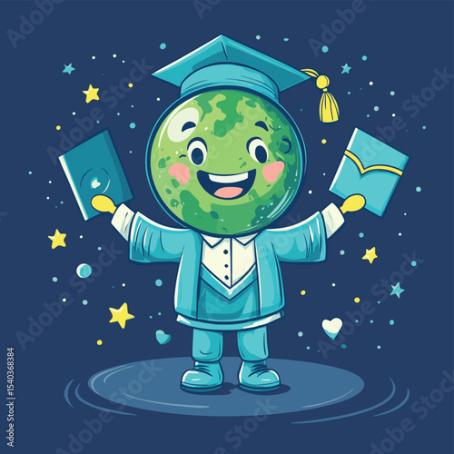 A personified planet Earth beaming with pride after graduating, vector style simple color
