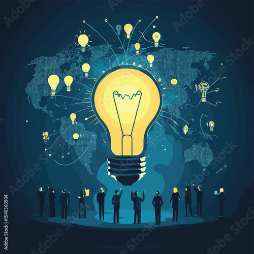Business team celebrates global innovation with lightbulb and world map background design concept, vector style simple color
