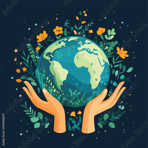Earth Day concept with hands protecting the globe. Save our planet vector illustration for environmental conservation. Ecology, sustainability, nature care, green future, harmony