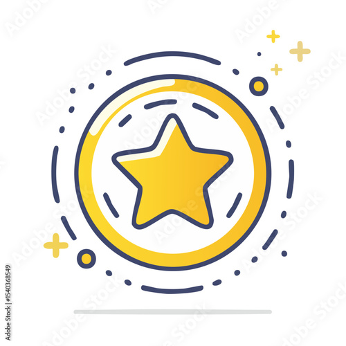 Gold coin with star for reward program concept trendy line drawing design success achievement goal progress shiny graphic