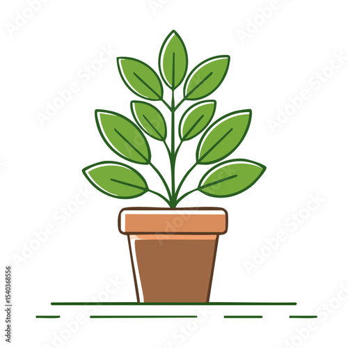 Stylized potted plant illustration on black background with light green leaves and a brown pot