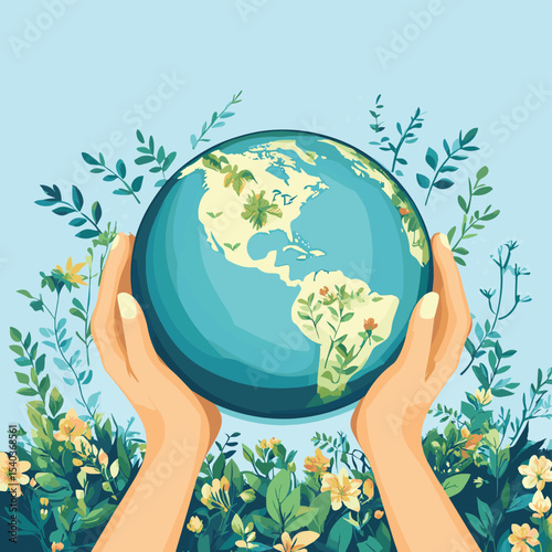 Earth Day concept with hands protecting the globe. Save our planet vector illustration for environmental conservation. Ecology, sustainability, nature care, green future, harmony