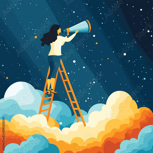 Woman leadership, new diversity world directed by lady leader concept, confidence executive businesswoman company or country leader standing on ladder of success using telescope fo