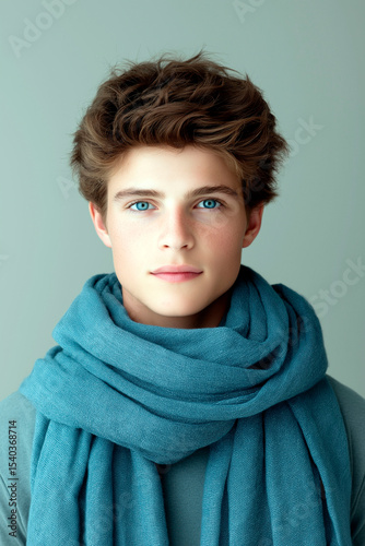 Portrait of a young boy with blue eyes and tousled brown hair wearing a soft teal scarf against a neutral background