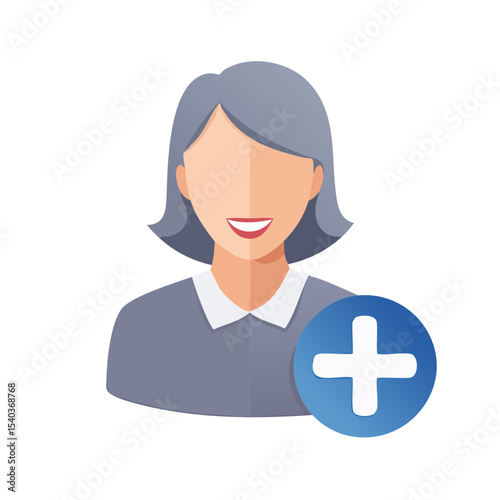 Woman Avatar with Add Sign New Profile Icon Flat Design Senior Female with Plus Symbol for User Account Creation