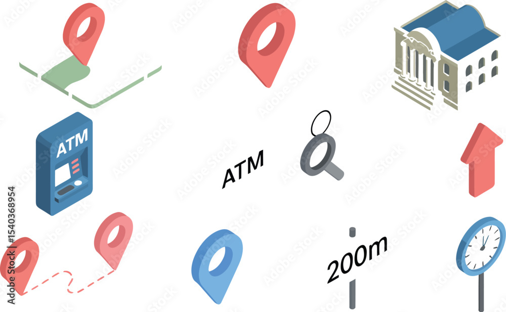 Isometric icons representing location services and banking related elements on a white background Isometric icons representing location services and banking related elements on a white background