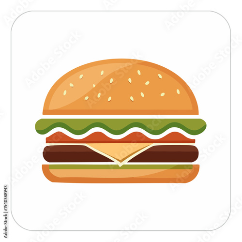 Illustration of a delicious hamburger featuring sesame seed bun, lettuce, cheese, tomato, and beef patty for food related media