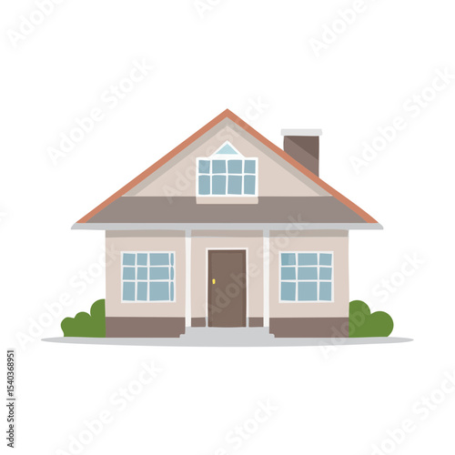 Stylized single family house exterior illustration with grass bushes and chimney for home or real estate concepts