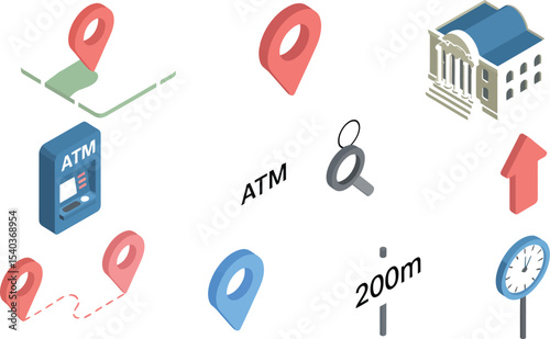 Isometric icons representing location services and banking related elements on a white background