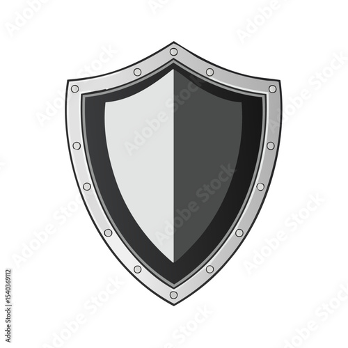 Medieval gray shield with rivets on black background illustration security and protection concept emblem heraldry symbol graphic design element