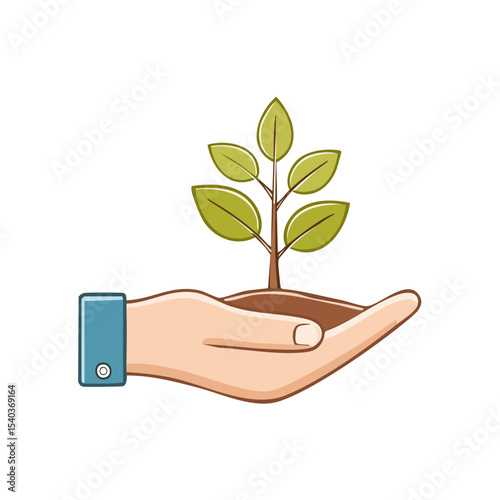 Hand holding a sapling, new growth, environmental care illustration