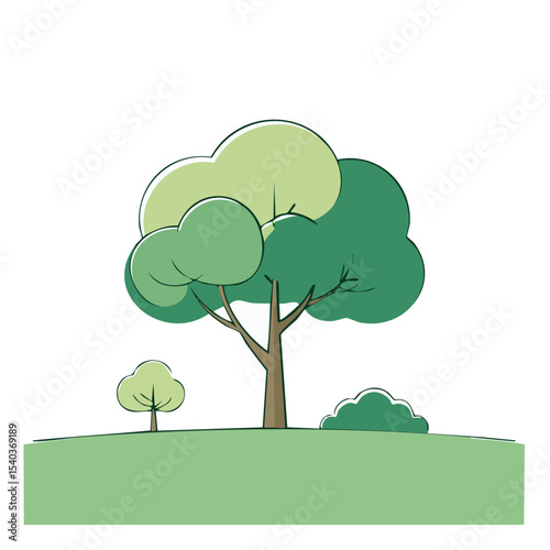 Stylized Illustration of Trees on a Green Hillside with Bush on a Black Background