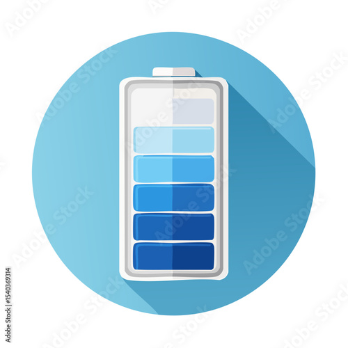 Battery Icon on Blue Circle Showing Half Charge Level with Blue Shaded Indicators