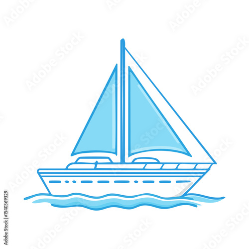 Illustration of Sailing Boat on Waves with Blue and White Color Palette on Black Background