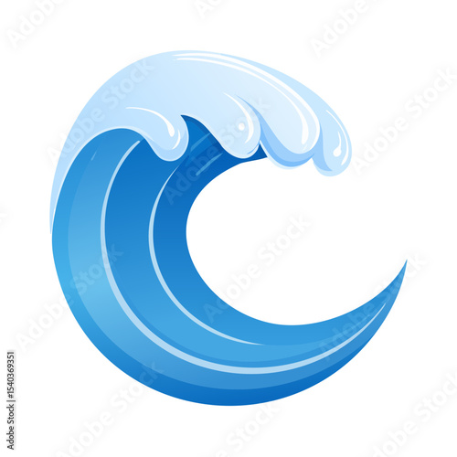 Stylized blue ocean wave cresting and curving, water curl with white foam, simple vector cartoon