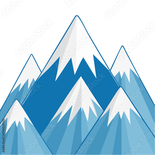 Simple Graphic Illustration of Blue Mountains with Snowy Peaks, Flat Design against Black Background
