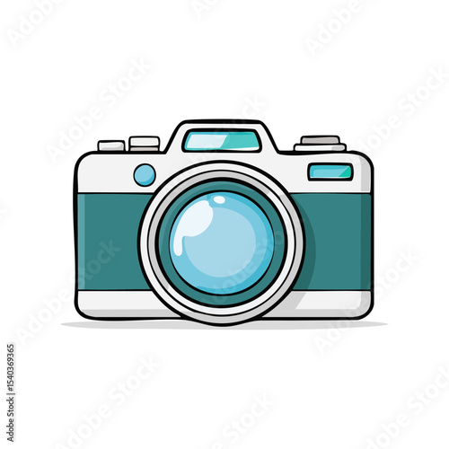 Illustration of a retro camera with teal accents and a large lens on a black background