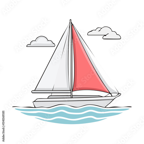 Sailing boat illustration on water with clouds, vector nautical design, white boat, red sails, summer holidays, recreation