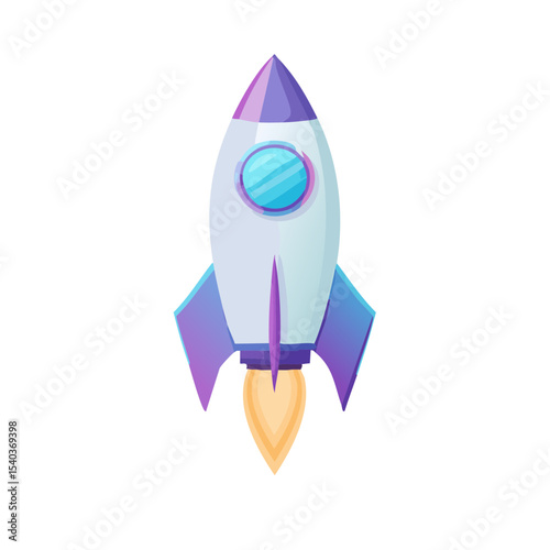 Cartoon rocket ship launching into space with a vibrant purple and blue color scheme