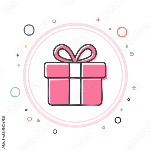 Pink Gift Box with Bow Surrounded by Stars and Circles in a Playful Style
