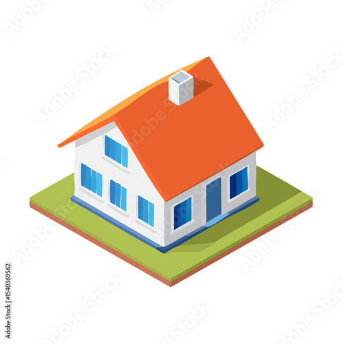 Isometric Vector House Illustration with Orange Roof, Windows, and Green Yard