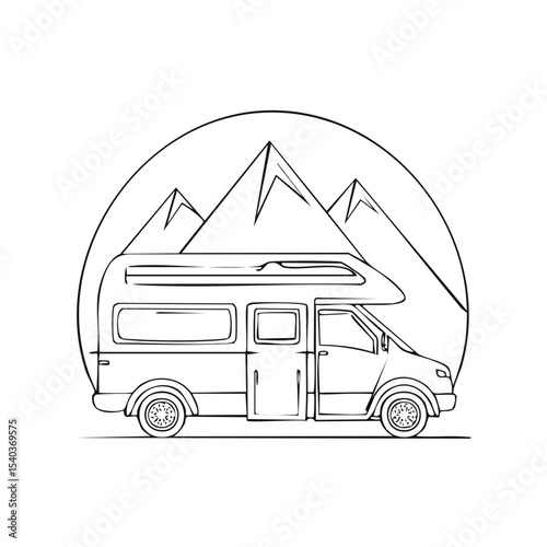 Minimalist Outline of a Camper Van in a Mountain Landscape Circular Icon Simple Travel Adventure Lifestyle Concept