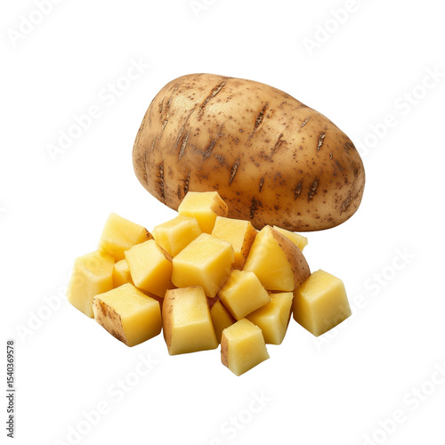 Whole Potato and Diced Potato Cubes Isolated on Black Background