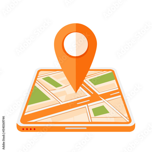 Orange Mobile Device Displaying Map with Location Pin Digital Navigation App Guidance Find Route Planning Destination Travel