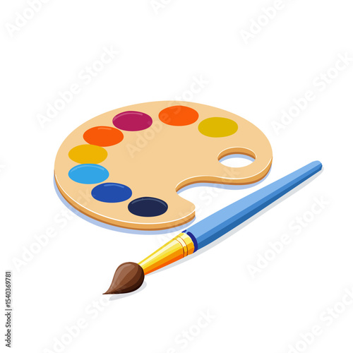 Artist's palette with colorful paints and paintbrush art supplies creative design illustration craft hobby education studio accessories