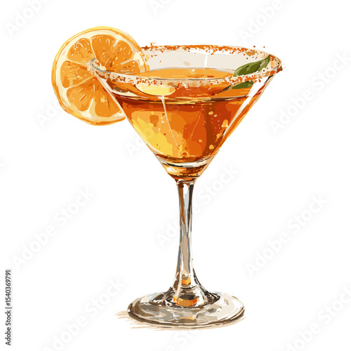 Sidecar cocktail with amber liquid and lemon zest twist garnish in sugar-rimmed martini glass isolated on a white background