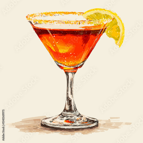 Sidecar cocktail with amber liquid and lemon zest twist garnish in sugar-rimmed martini glass isolated on a white background