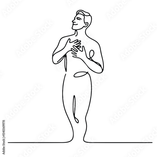 Admiration: man in theatrical ecstatic pose — minimalist single black line drawing conveying bliss and emotional uplift. One line art.