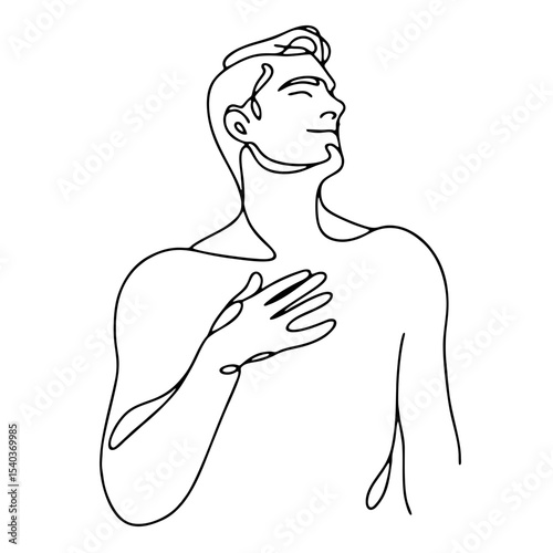Admiration: man in theatrical ecstatic pose — minimalist single black line drawing conveying bliss and emotional uplift. One line art.