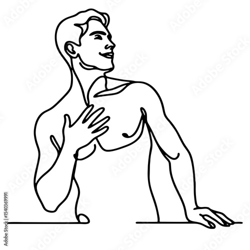 Admiration: man in theatrical ecstatic pose — minimalist single black line drawing conveying bliss and emotional uplift. One line art.