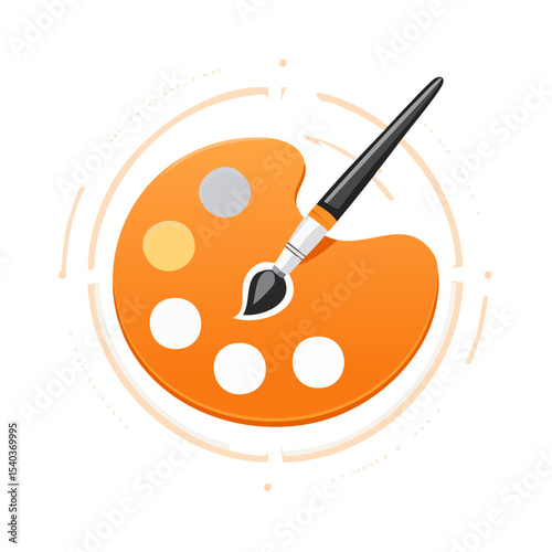 Orange art palette with brush Illustration representing creative activity for artists painting drawing and color mixing on black background