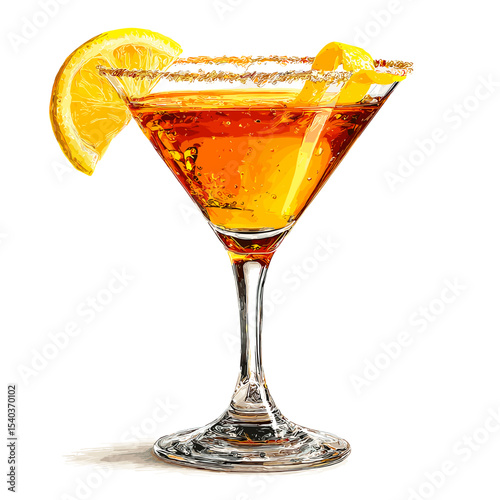 Sidecar cocktail with amber liquid and lemon zest twist garnish in sugar-rimmed martini glass isolated on a white background
