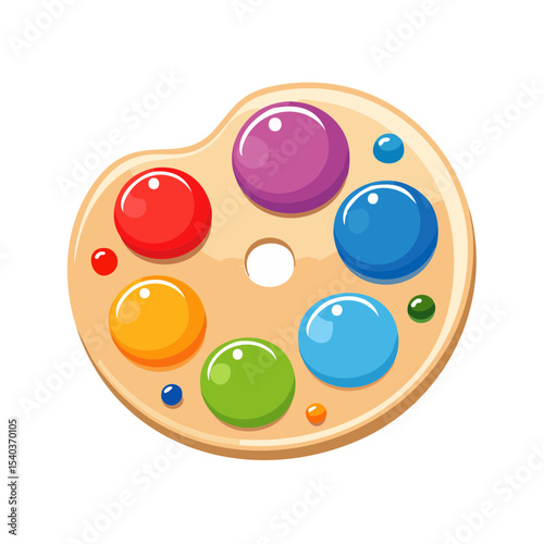 Cartoon style artist paint palette with colorful glossy round paint and a hole