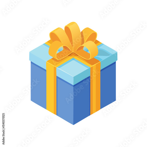 Isometric blue gift box with golden bow and ribbon for holidays Birthday or any celebration, decorative packaging concept illustration
