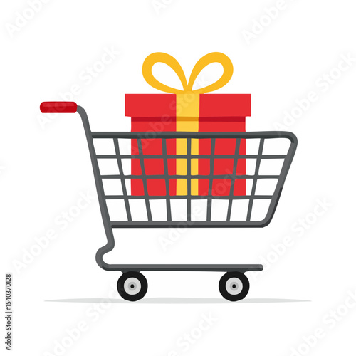 Shopping cart carrying a red gift box with a yellow ribbon on a black background