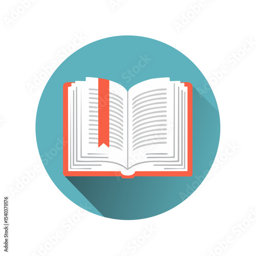 Open book with bookmark flat design icon teal circle background educational reading and learning concept for websites and graphic design projects