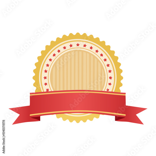 Elegant label with red ribbon decoration for award celebration or product sale design, with space for your message, promotion of business events