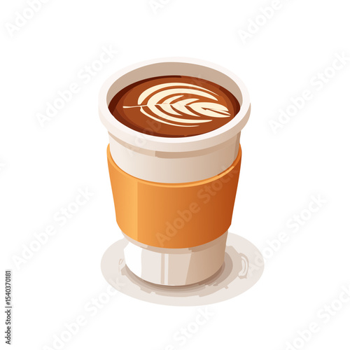 Isometric Cartoon Coffee Cup with Latte Art on Black Background