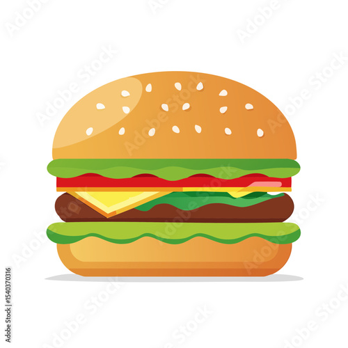 Illustration of a juicy hamburger with a beef patty and fresh vegetables layered between sesame seed buns on a black backdrop