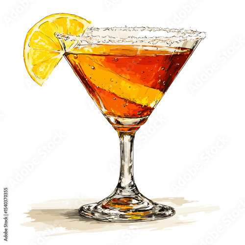Sidecar cocktail with amber liquid and lemon zest twist garnish in sugar-rimmed martini glass isolated on a white background