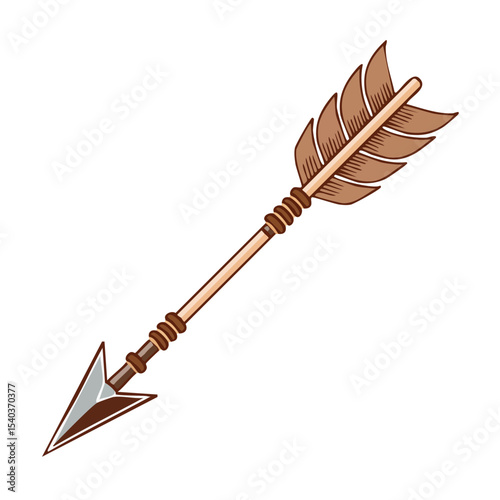 Traditional arrow with feathers and arrowhead on a black background for native American, hunter, or adventure themes