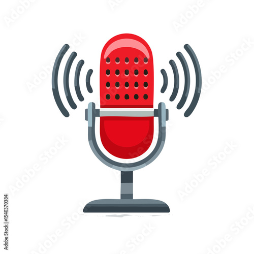 Red Vintage Microphone Transmitting Waves for Podcast Recording and Broadcasting Communication